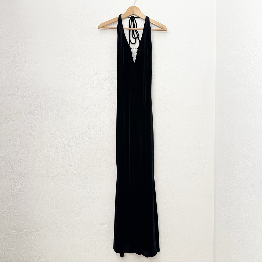 Vintage 90s Y2K Black Velvet & Rhinestones Strappy Back Maxi Dress